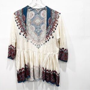 Anthropologie Knitted & Knotted Printed Cardigan Sweater Linen Cotton Medium